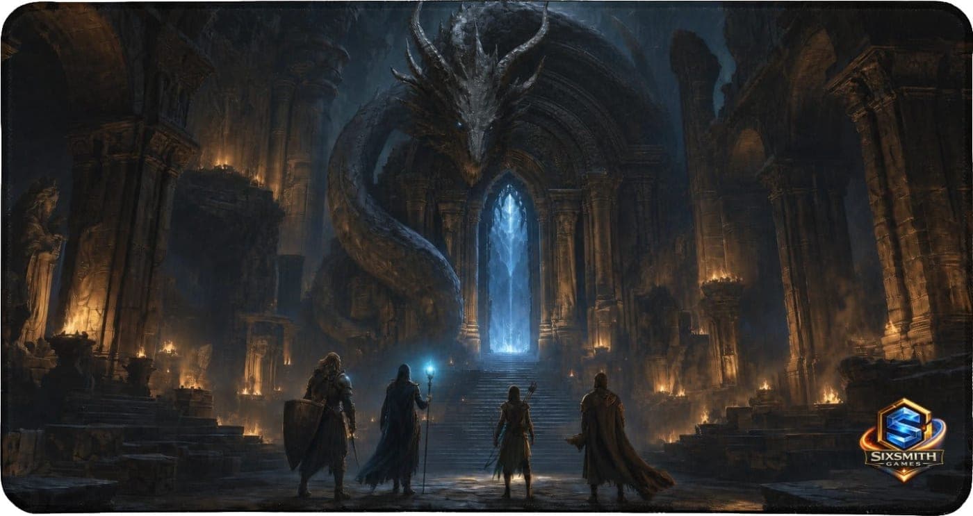 Gateway Wyrm Desk Mat with adventurers facing a blue-lit dungeon portal