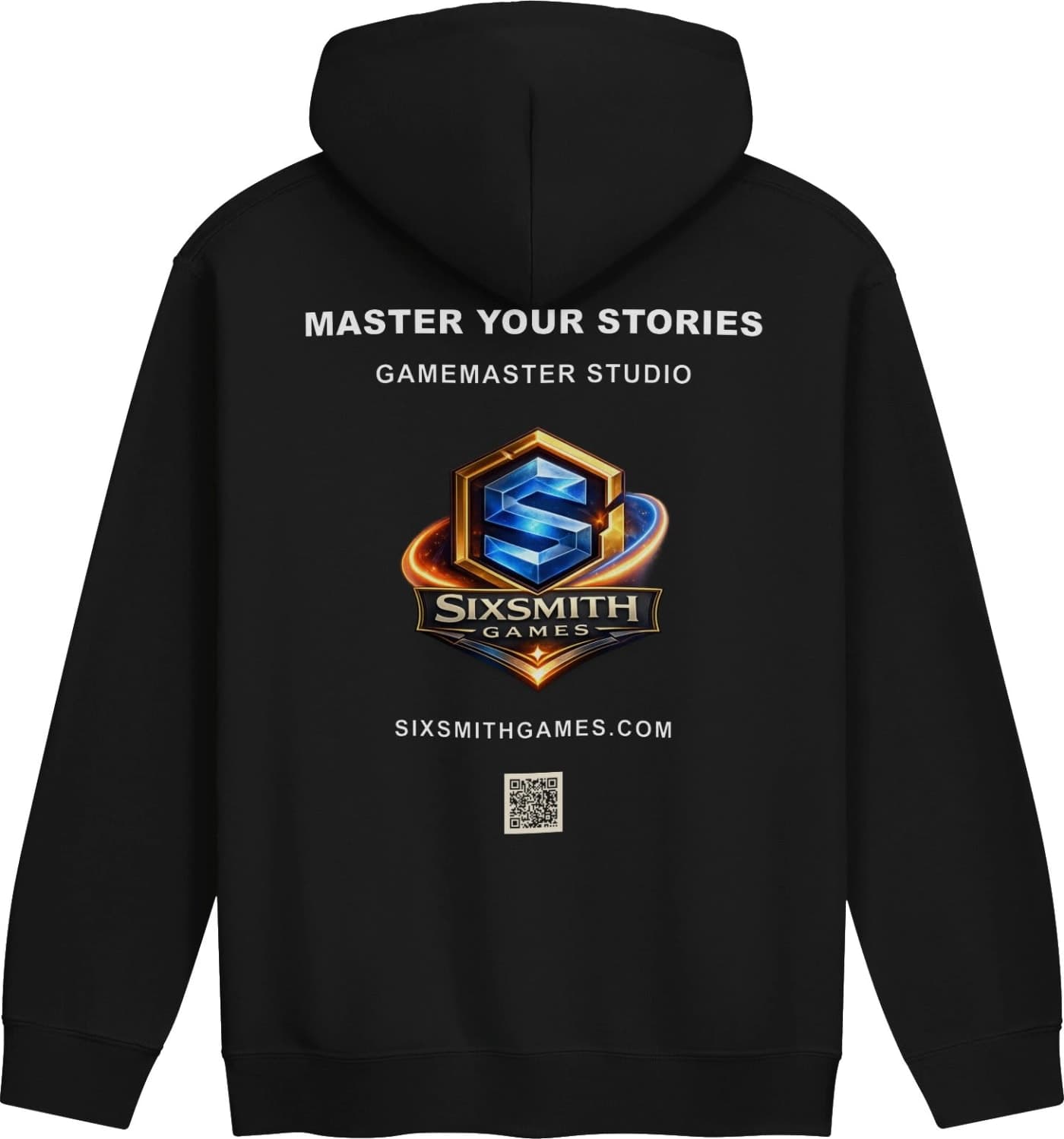 Back of the black Master Your Stories pullover hoodie with the Sixsmith Games crest