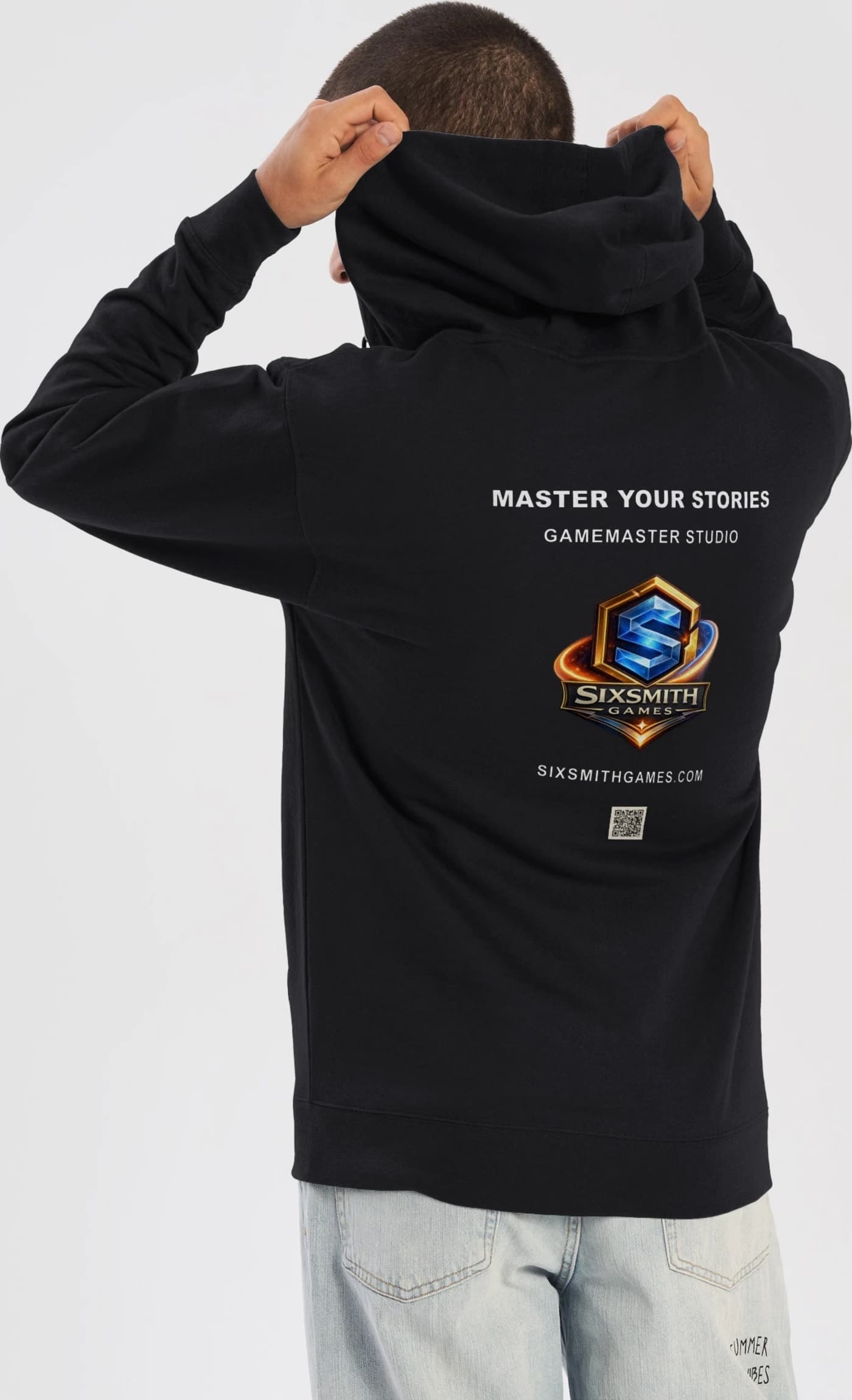 Back of the black Master Your Stories zippered hoodie with the Sixsmith Games crest