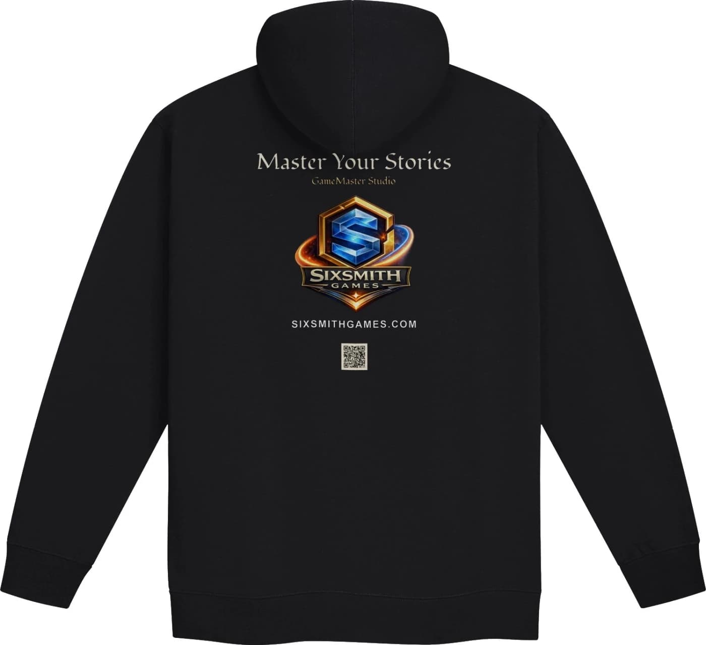 Back of the black Master Your Stories zippered hoodie with mixed-case fantasy lettering, the Sixsmith Games crest, website, and QR code
