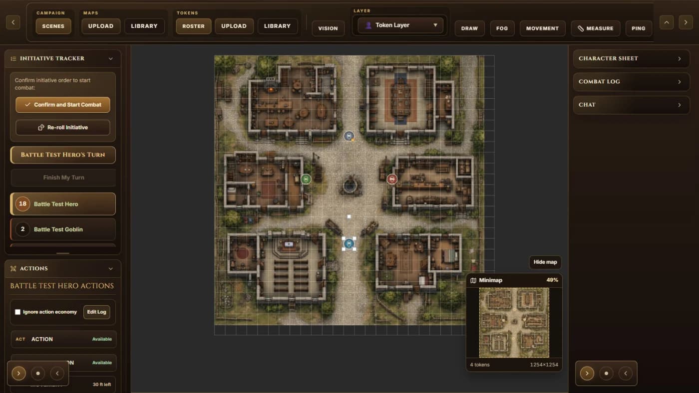Current Virtual Combat Simulator battle room with town map, tokens, initiative tracker, action controls, and minimap