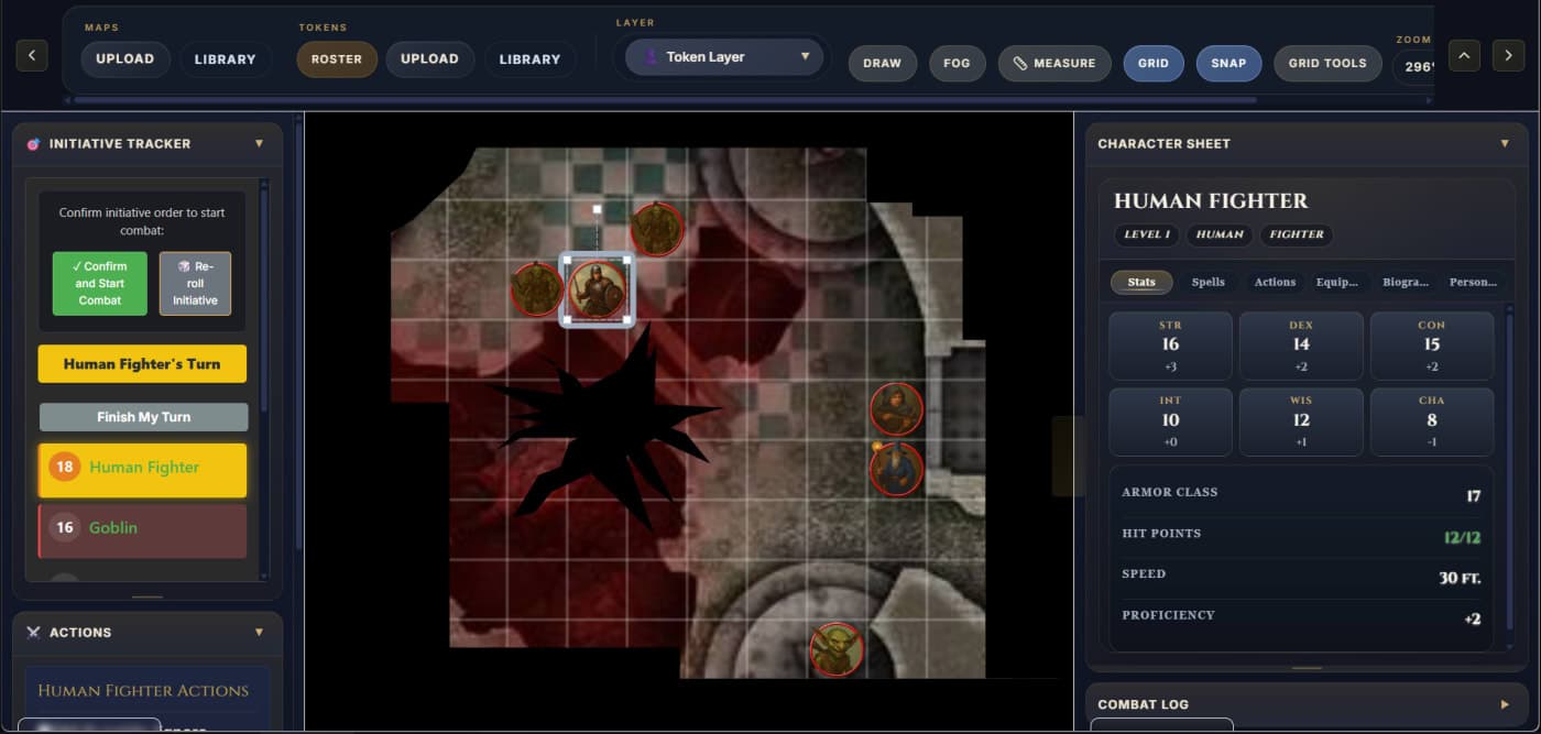 Virtual Combat Simulator encounter view showing battle map, tokens, initiative tracker, combat actions, fog controls, and a token-linked character sheet in one workspace